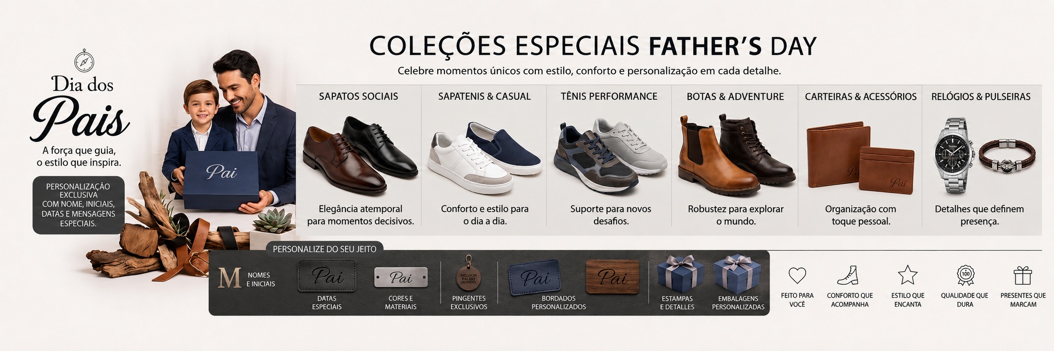 Dia dos Pais Valdara - Sapatos Sociais, Sapatênis, Tênis Performance, Botas, Carteiras e Relógios